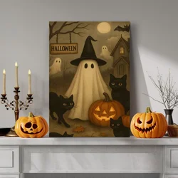 WallXpert slika na platnu 70100HALC-018, Halloween motiv sa duhom u veštičjem šeširu, crnim mačkama i bundevama, 70 x 100 cm