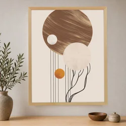 WallXpert uramljena slika na platnu Cc-D-Ah-1039, braon, beli i narandžasti krugovi sa tankim linijama, 45 x 60 cm