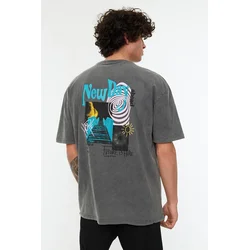 Trendyol Anthracite Relaxed Fit Crew Neck Short Sleeve Acid Wash Printed T-Shirt