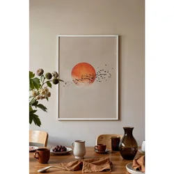 WallXpert uramljena slika 115231, narandžasto sunce i jato ptica na bež pozadini, 50 x 70 cm, beli ram