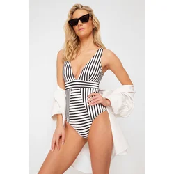 Trendyol Black-White Striped V-Neck Regular Swimsuit