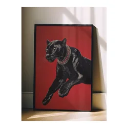 WallXpert uramljena slika 115261, crni panter sa ogrlicom na crvenoj pozadini, 50 x 70 cm, crni ram