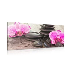 Slika orhideja in Zen kamni na lesenem ozadju - 60x30