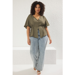 Trendyol Curve Khaki Woven V Neck Tied Blouse