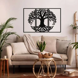 WallXpert metalni zidni ukras 5273, drvo života sa korenjem u 3 panela, 110 x 75 cm, crni