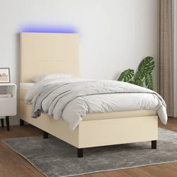 VIDAXL Box spring postelja z vzmetnico LED krem 90x200 cm blago