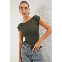 Trendyol Khaki Fitted/Fits the Body Boat Neck Flexible Snap Knit Bodysuit
