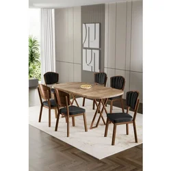 Hanah Home trpezarijski set Flori, sto i 6 stolica, ploča u dekoru atlantskog bora, noge sa završnom obradom u izgledu drveta, crna tkanina Babyface