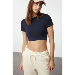Trendyol Dark Navy Blue Crop Lightly Supported Soft Textured Crew Neck Knitted Sports Top/Blouse