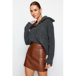 Trendyol Brown Faux Leather High Waist Mini Knitted Skirt