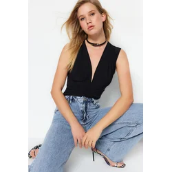 Trendyol Black Lace-Up Detail V-Neck Fitted/Situated, Flexible Knitted Bodysuit with Snap fastener
