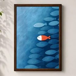WallXpert uramljena MDF slika 3752KACT-007, crveno-bela riba među plavim ribama, 37 x 52 cm