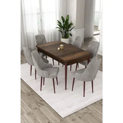 Hanah Home trpezarijski set Eta, sto na razvlačenje i 6 stolica, ploča u dekoru drveta Baroque, siva tkanina Babyface
