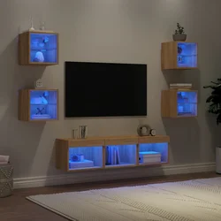 7-dijelni zidni TV elementi s LED svjetlima boja hrasta drveni