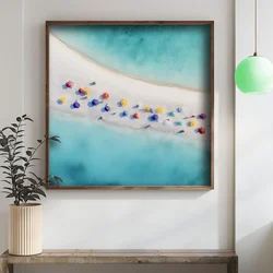 WallXpert uramljena MDF slika DOS065-33, plaža sa šarenim suncobranima iz ptičje perspektive, 34 x 34 cm