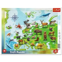 Trefl Puzzle Zemljevid Evrope z živalmi / 25 kosov