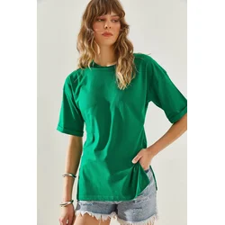 Bianco Lucci Womens Side Slit Sleeve Folding Detailed Crew Neck Short Sleeve Basic T-Shirt