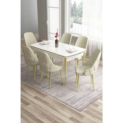 Hanah Home trpezarijski set Tia, sto i 6 stolica, bela ploča, zlatne noge, krem tkanina Babyface