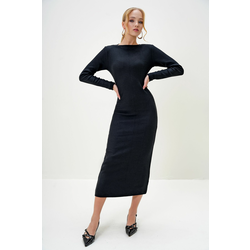Trend Alaçati Stili Womens Black Crew Neck Long Sleeve Interlock Fabric Maxi Length Dress