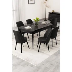 Hanah Home trpezarijski set Rax, sto na razvlačenje i 6 stolica, ploča u dekoru crnog mermera, crna tkanina Babyface