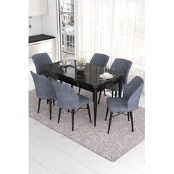 Hanah Home Set Trpezarijski sto i 6 stolica Eva, Sivo-crni