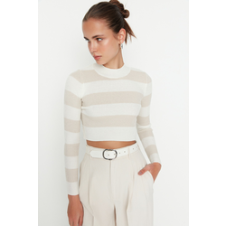 Trendyol Ecru Crop Cotton Striped Knitwear Sweater