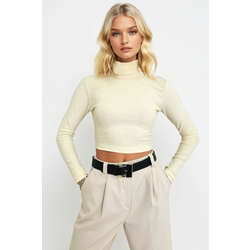 Trend Alaçati Stili Womens Cream Turtleneck Corded Basic Crop Body Blouse
