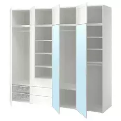 PLATSA Garderober s 8 vrata i 3 fioke, bela STRAUMEN staklo ogledala/SANNIDAL bela, 240x57x221 cm