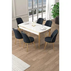 Hanah Home trpezarijski set Pale, sto na razvlačenje i 6 stolica, bela ploča, zlatne noge, antracit tkanina Babyface