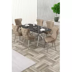 HANAH HOME Rasklopivi trpezarijski sto i stolice (7 delova) Esla Black Marble Chrome Cappuccino