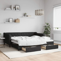 Vidaxl Izvlečna dnevna postelja s predali črna 90x190 cm blago