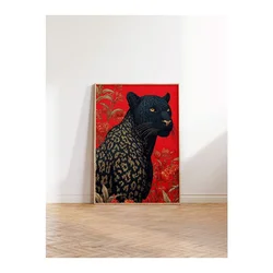 WallXpert uramljena slika 115269, crni panter sa cvetnim motivima na crvenoj pozadini, 30 x 40 cm, ram u boji prirodnog drveta