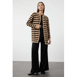 Trendyol Brown Striped Gold Button Detailed Soft Textured Knitwear Cardigan
