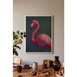 WallXpert uramljena slika 115228, ružičasti flamingo na tamnozelenoj pozadini, 50 x 70 cm, beli ram