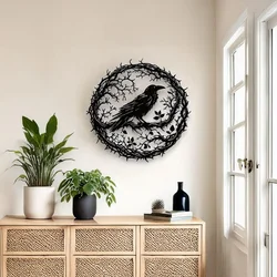 WallXpert metalni zidni ukras DCV-1021-MT, gavran na grani u vencu od trnja, 50 x 50 cm, crni