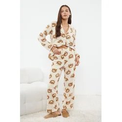 Trendyol Ecru Teddy Bear Patterned Wellsoft Knitted Pajama Set