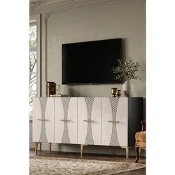 Hanah Home komoda Slim 150, 150 cm, antracit / travertin / zlatna