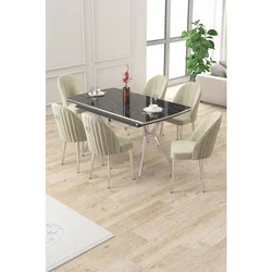 Hanah Home trpezarijski set Sim, sto na razvlačenje i 6 stolica, ploča u dekoru crnog mermera, hromirane noge, krem tkanina Babyface