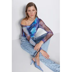 Trendyol Blue Patterned Tulle Back Sheer Transparent Fitted/Sticky Snaps Knitted Bodysuit