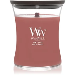 Woodwick Silk & Spice dišeča sveča z lesenim stenjem 275 g
