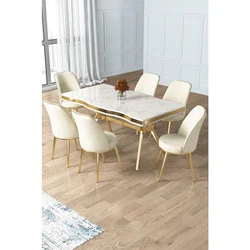 Hanah Home trpezarijski set Prah, sto i 6 stolica, ploča u dekoru belog mermera, zlatne noge, krem tkanina Babyface