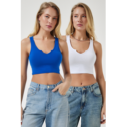 Happiness Istanbul Womens Cobalt Blue White Strappy 2-Pack Crop Knitted Blouse