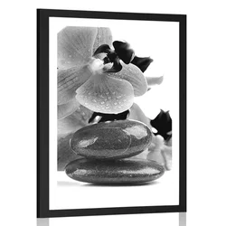 Plakat s paspartujem SPA kamni in orhideja v črnobeli varianti - 40x60 black