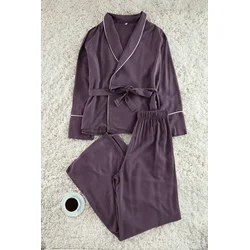 Trendyol Plum Belted Piping Detailed Double Breasted Viscose Woven Pajama Set