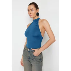 Trendyol Indigo Stand Collar Backless Flexible Snap Knitted Bodysuit