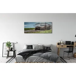 tulup.si Slika na steklu Auto field gore oblaki 140x70 cm 4 obešalnika