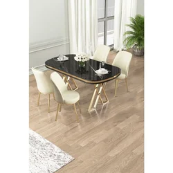 Hanah Home trpezarijski set Lai, sto i 4 stolice, ploča u dekoru Sonata, zlatne noge, krem tkanina Babyface