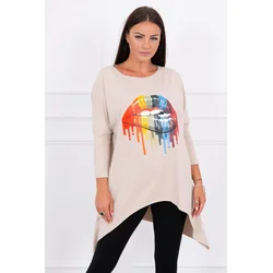 Oversize blouse with beige rainbow lip print
