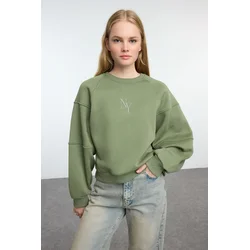Trendyol Khaki Crew Neck Regular Fit Embroidered Thick Inside Fleece Knitted Sweatshirt