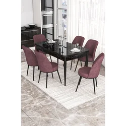 Hanah Home trpezarijski set Via, sto na razvlačenje i 6 stolica, ploča u dekoru crnog mermera, puder roze tkanina Jerry